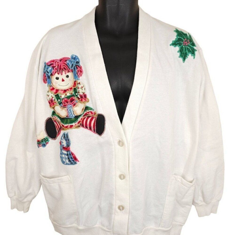 Vintage Raggedy Anne Christmas Cardigan Sweatshirt Womens Size XL Made In USA